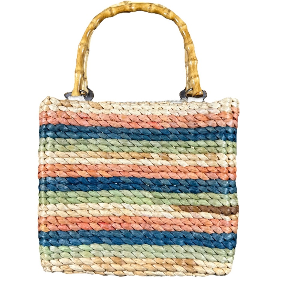 Straw‎ Women's Multicolor Tote Bag Lined Bamboo Handles Small Purse Summer Vaca